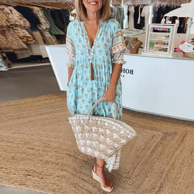 Casual Dress with V-neck and Half Sleeves with Print